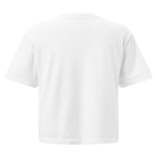 White boxy t-shirt with embroidered design, with bold front text reading ‘PrEP Saves Lives!’ styled in Ivy League-inspired type. Designed by queer creators to promote HIV awareness and access to PrEP through unapologetic activism and education. Back of t-shirt, plain.