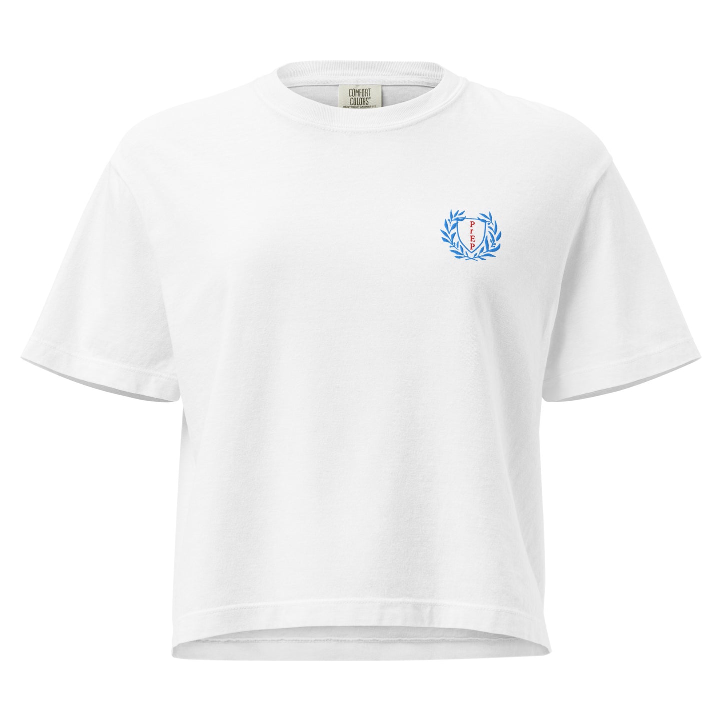 White boxy t-shirt with embroidered design, with bold front text reading ‘PrEP Saves Lives!’ styled in Ivy League-inspired type. Designed by queer creators to promote HIV awareness and access to PrEP through unapologetic activism and education. Front of t-shirt.
