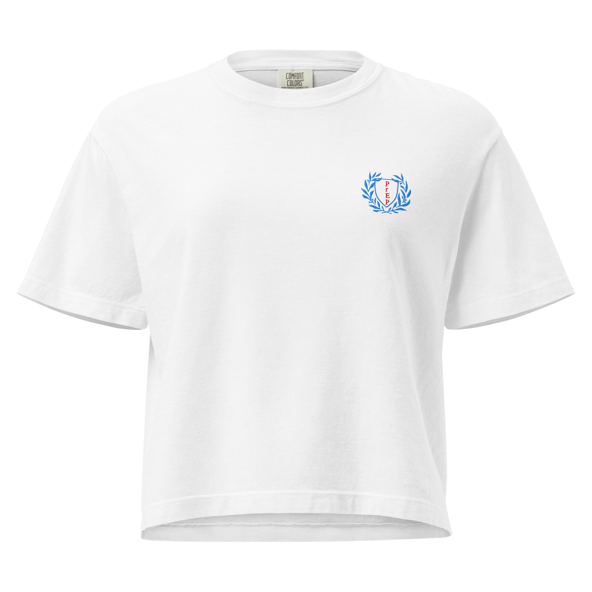 White boxy t-shirt with embroidered design, with bold front text reading ‘PrEP Saves Lives!’ styled in Ivy League-inspired type. Designed by queer creators to promote HIV awareness and access to PrEP through unapologetic activism and education. Front of t-shirt.
