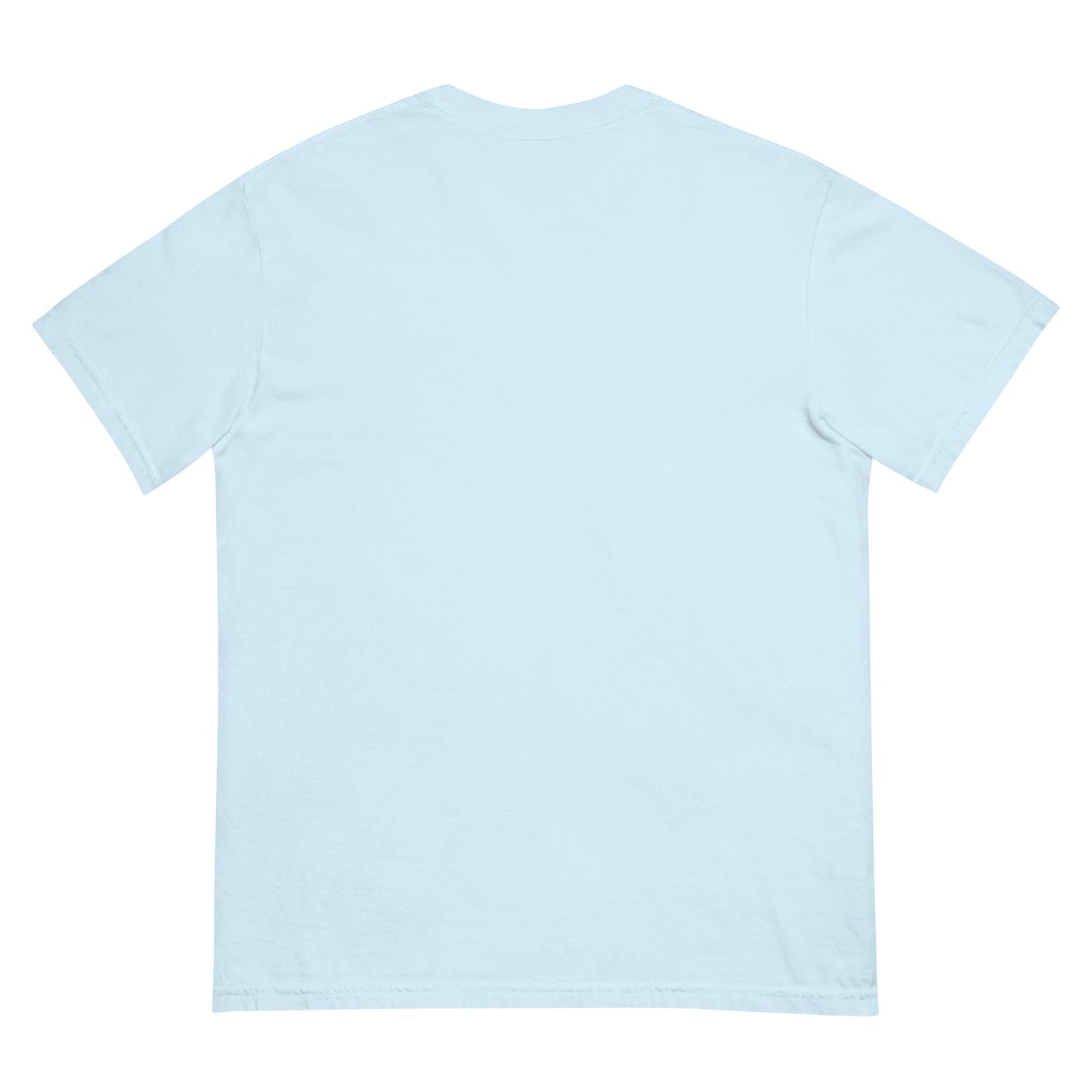 Chambray t-shirt with embroidered design, with bold front text reading ‘PrEP Saves Lives!’ styled in Ivy League-inspired type. Designed by queer creators to promote HIV awareness and access to PrEP through unapologetic activism and education. Back of t-shirt, plain.