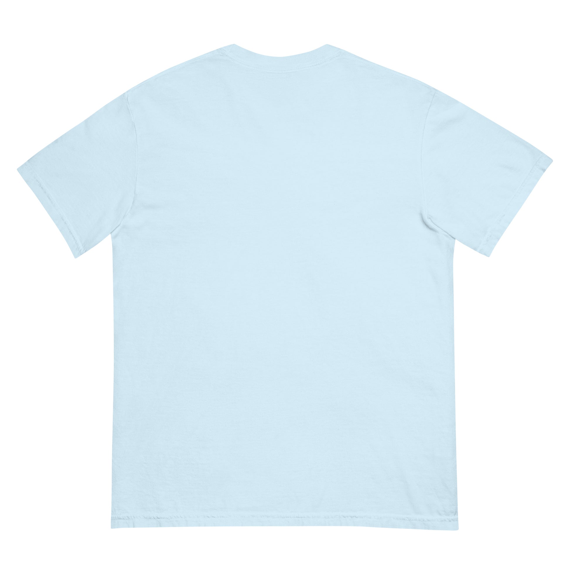 Chambray t-shirt with embroidered design, with bold front text reading ‘PrEP Saves Lives!’ styled in Ivy League-inspired type. Designed by queer creators to promote HIV awareness and access to PrEP through unapologetic activism and education. Back of t-shirt, plain.