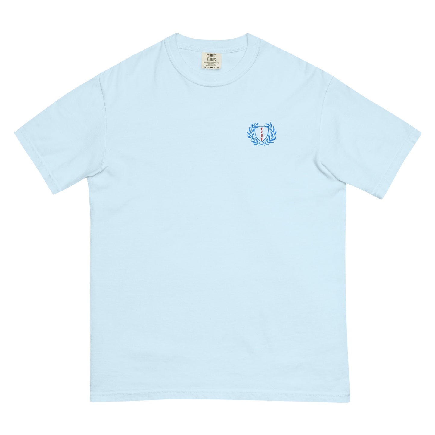 Chambray t-shirt with embroidered design, with bold front text reading ‘PrEP Saves Lives!’ styled in Ivy League-inspired type. Designed by queer creators to promote HIV awareness and access to PrEP through unapologetic activism and education. Front of t-shirt.