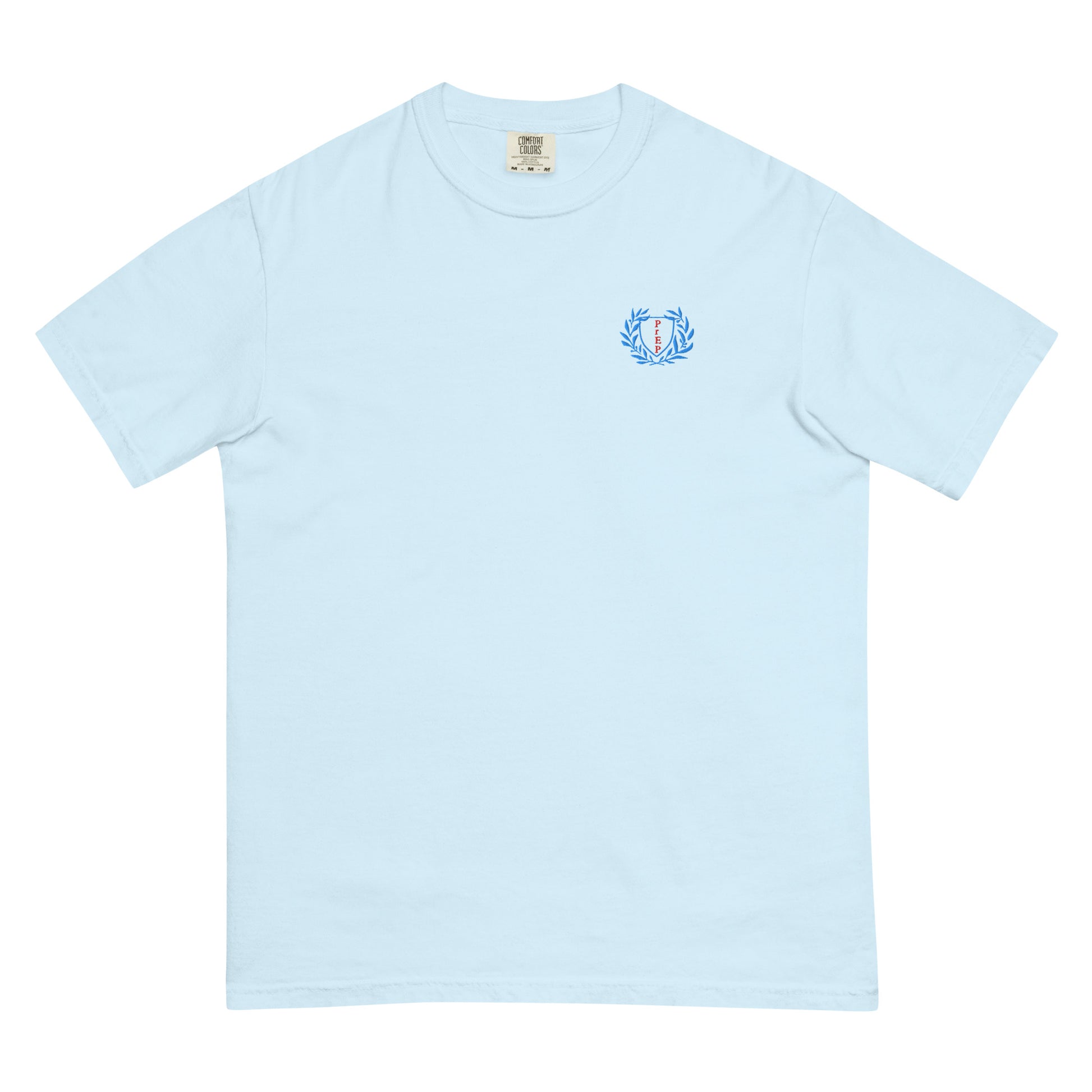Chambray t-shirt with embroidered design, with bold front text reading ‘PrEP Saves Lives!’ styled in Ivy League-inspired type. Designed by queer creators to promote HIV awareness and access to PrEP through unapologetic activism and education. Front of t-shirt.