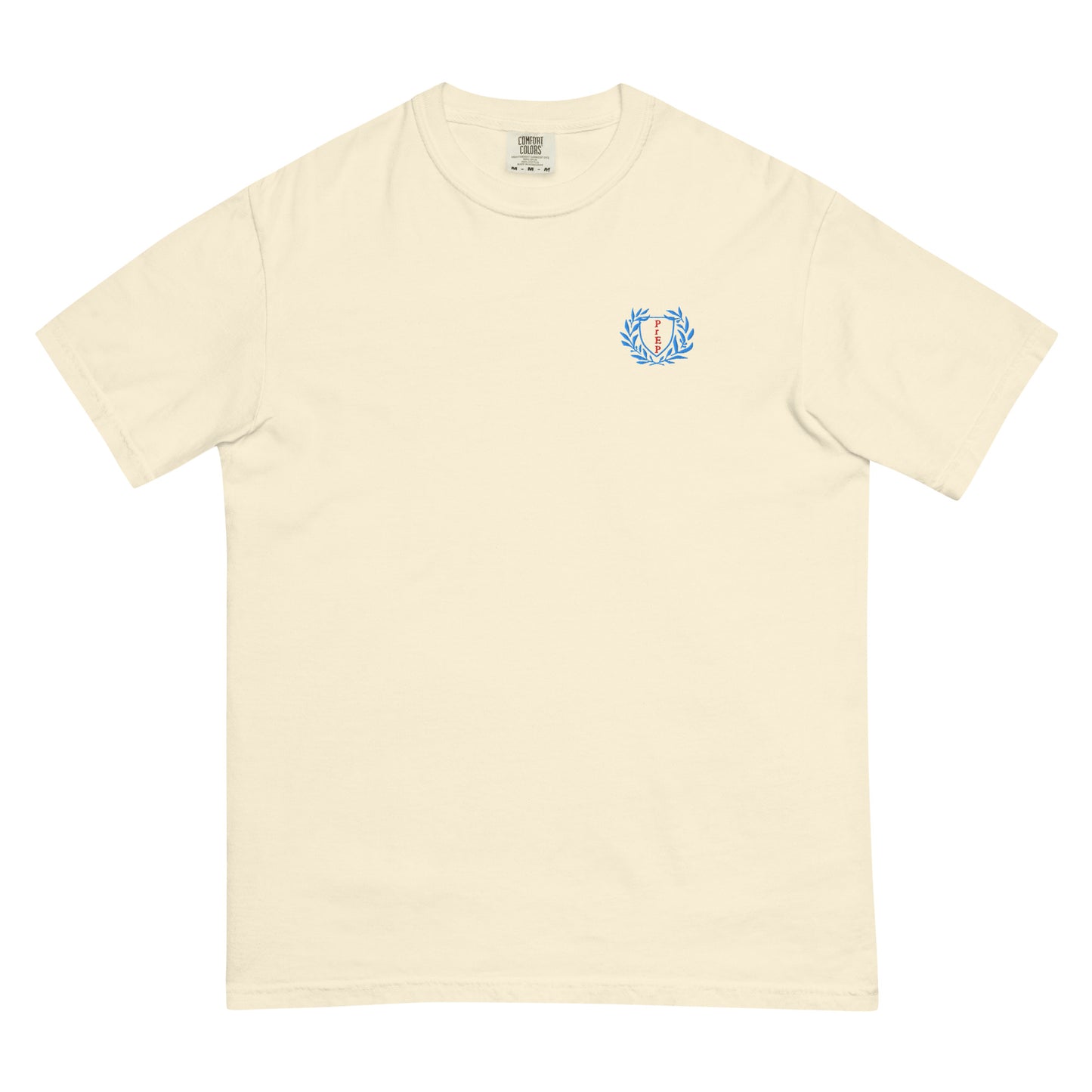 Ivory t-shirt with embroidered design, with bold front text reading ‘PrEP Saves Lives!’ styled in Ivy League-inspired type. Designed by queer creators to promote HIV awareness and access to PrEP through unapologetic activism and education. Front of t-shirt.