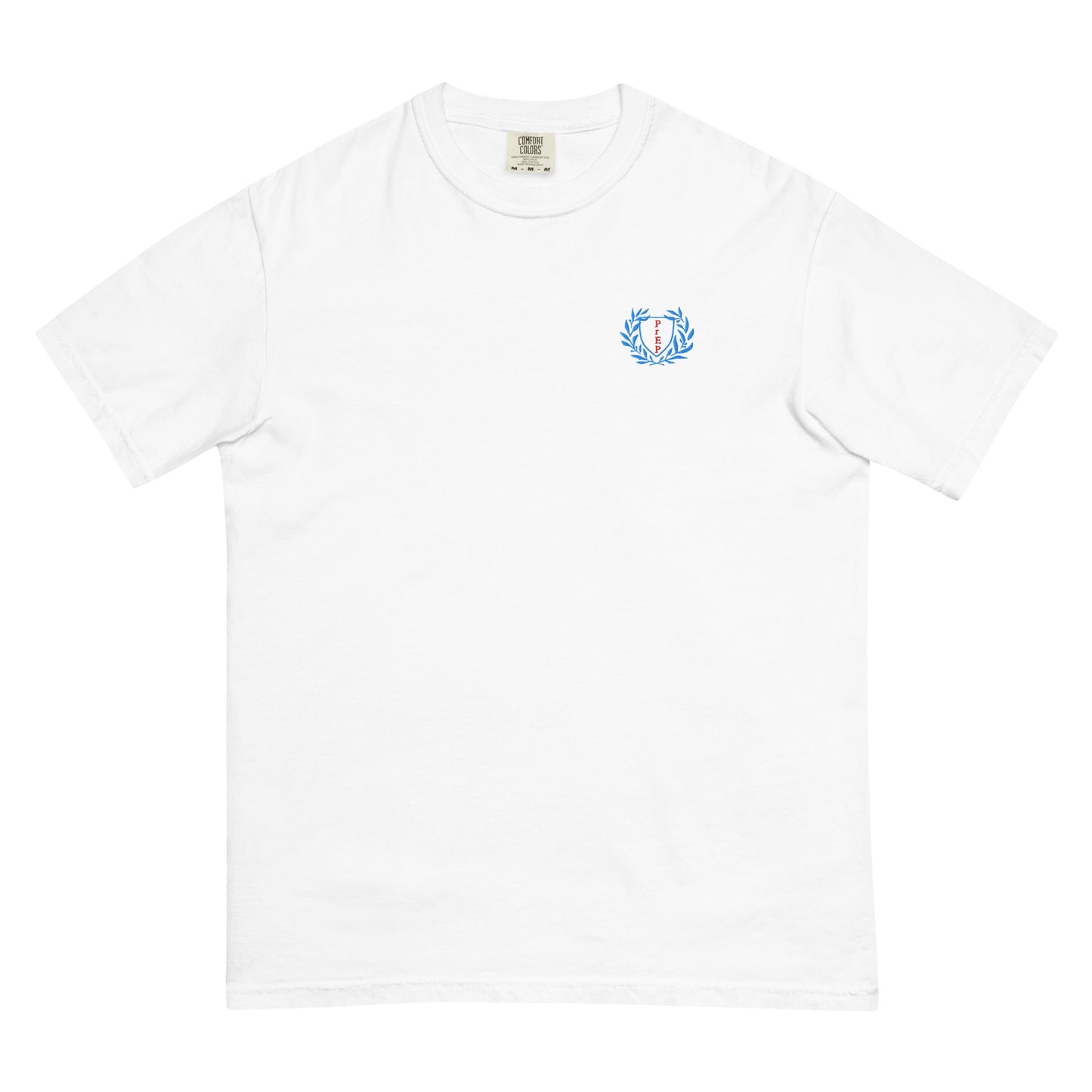 White t-shirt with embroidered design, with bold front text reading ‘PrEP Saves Lives!’ styled in Ivy League-inspired type. Designed by queer creators to promote HIV awareness and access to PrEP through unapologetic activism and education. Front of t-shirt.