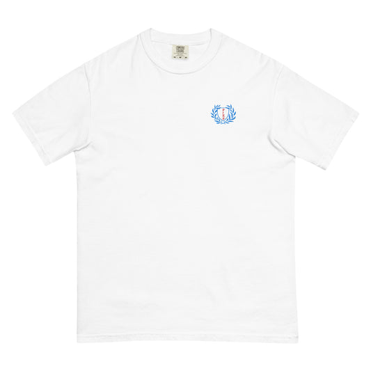 White t-shirt with embroidered design, with bold front text reading ‘PrEP Saves Lives!’ styled in Ivy League-inspired type. Designed by queer creators to promote HIV awareness and access to PrEP through unapologetic activism and education. Front of t-shirt.