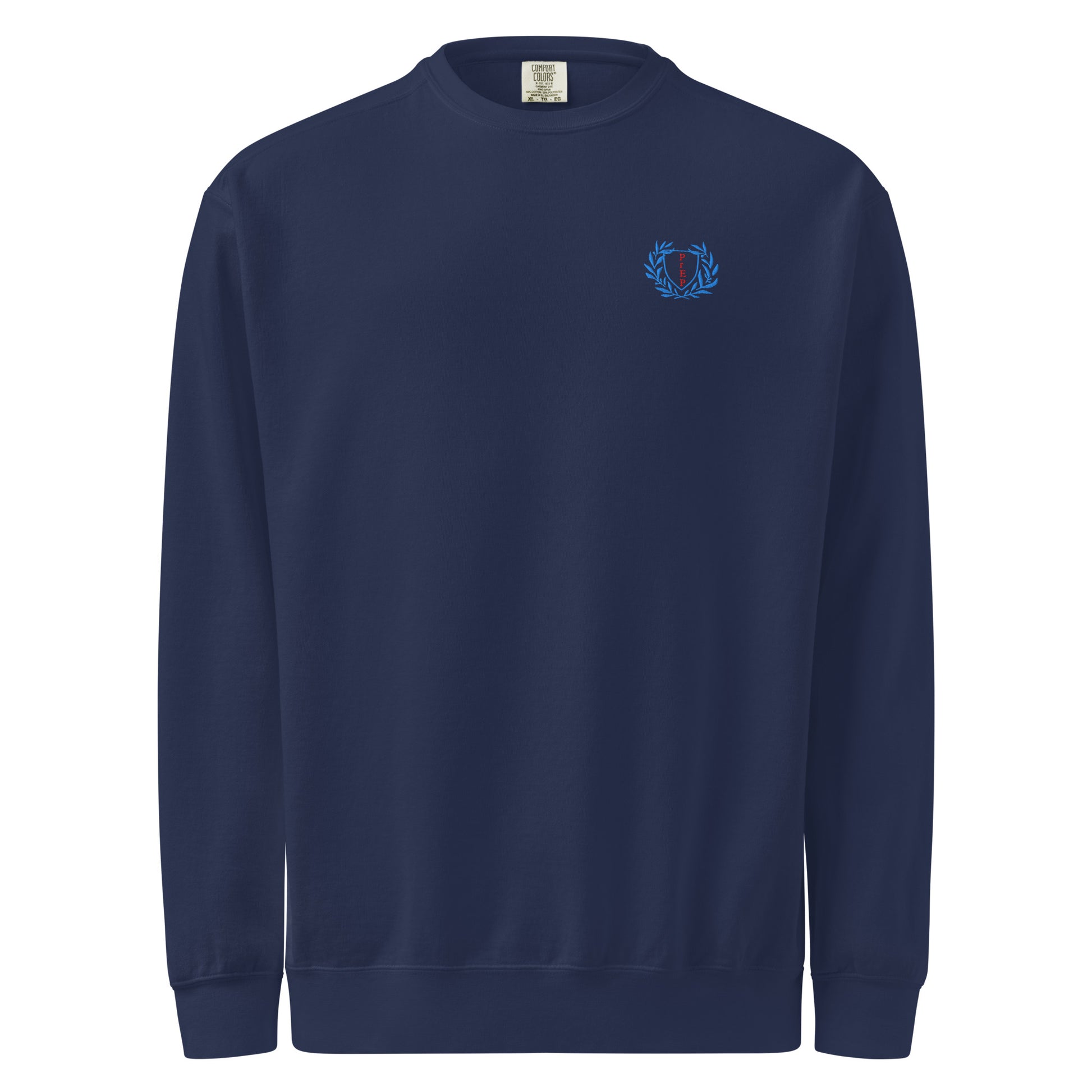 Navy sweatshirt with embroidered design, with bold front text reading ‘PrEP Saves Lives!’ styled in Ivy League-inspired type. Designed by queer creators to promote HIV awareness and access to PrEP through unapologetic activism and education. Front of sweatshirt.