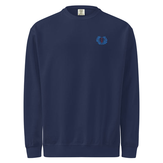 Navy sweatshirt with embroidered design, with bold front text reading ‘PrEP Saves Lives!’ styled in Ivy League-inspired type. Designed by queer creators to promote HIV awareness and access to PrEP through unapologetic activism and education. Front of sweatshirt.