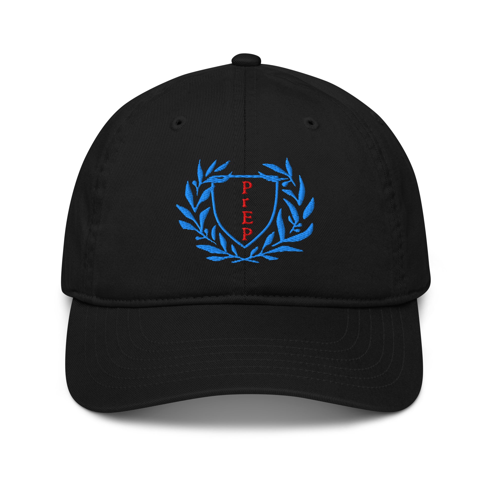 Black colored hat, front text reading ‘PrEP’ in red, blue leaves styled in Ivy League-inspired design. Made by queer creators to promote HIV awareness and access to PrEP through unapologetic activism and education. Front view, not on model.