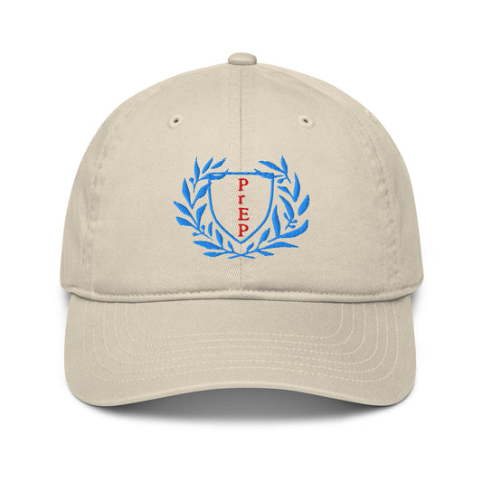 Oyster colored hat, front text reading ‘PrEP’ in red, blue leaves styled in Ivy League-inspired design. Made by queer creators to promote HIV awareness and access to PrEP through unapologetic activism and education. Front view, not on model.