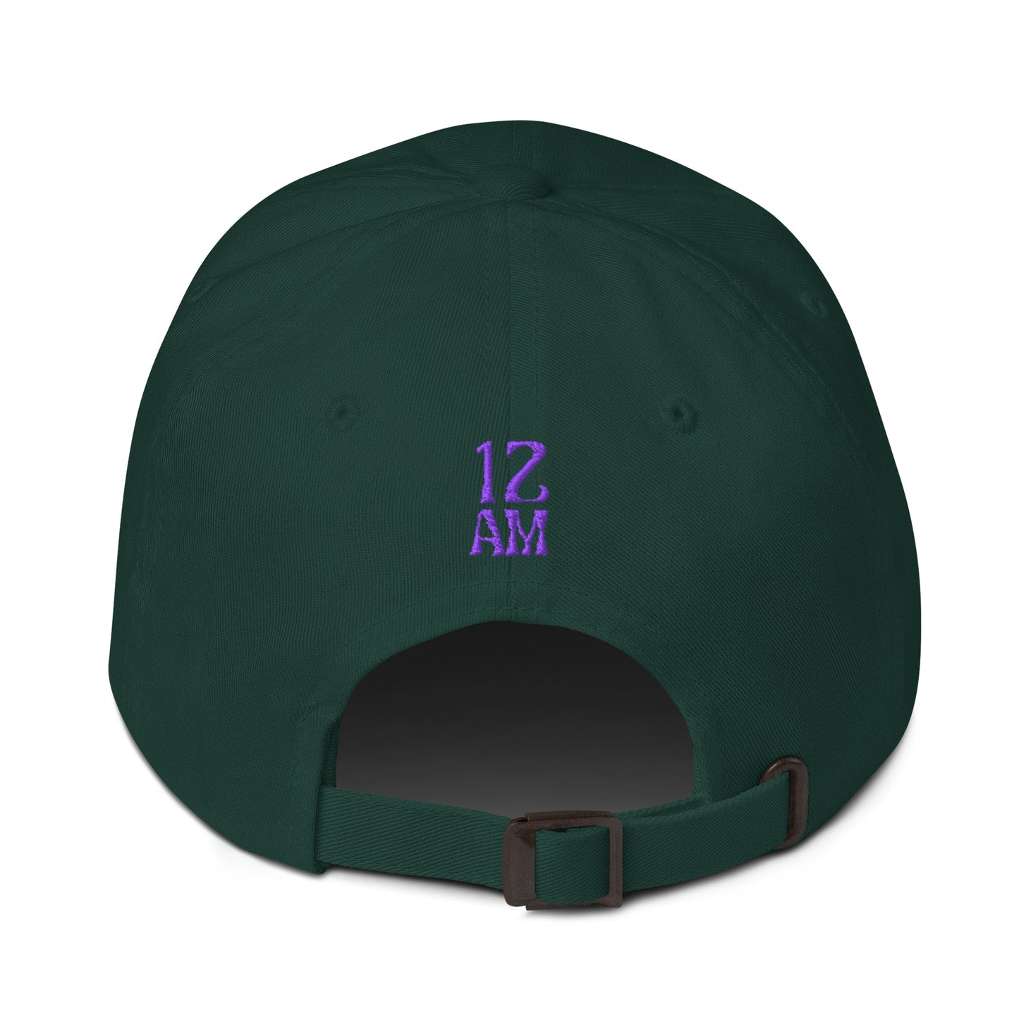 Back view of spruce dad hat showing embroidered 12AM Intuition logo, logo in purple, hat not worn or modeled.