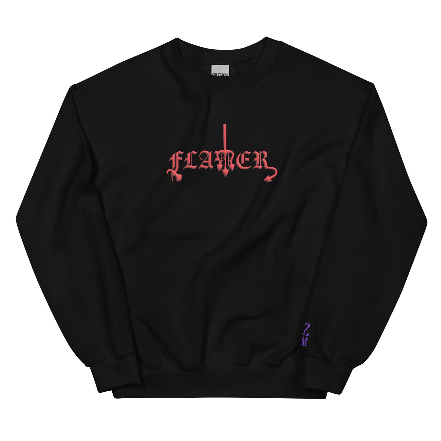 Black, sweatshirt featuring the word ‘Flamer’ in a bold, illustrative typeface. Reclaiming the phrase “flaming gay,” this design leans into a devil-mascot aesthetic to celebrate every queer who refuses to dim their fire. Designed by a small LGBTQ+ owned business. Front of sweatshirt.