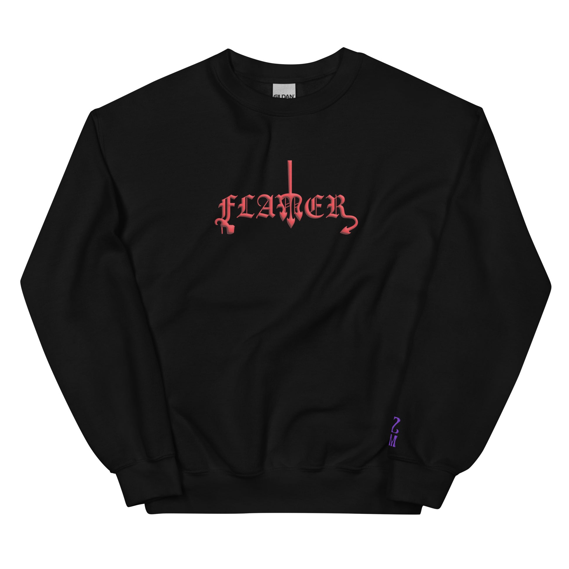 Black, sweatshirt featuring the word ‘Flamer’ in a bold, illustrative typeface. Reclaiming the phrase “flaming gay,” this design leans into a devil-mascot aesthetic to celebrate every queer who refuses to dim their fire. Designed by a small LGBTQ+ owned business. Front of sweatshirt.