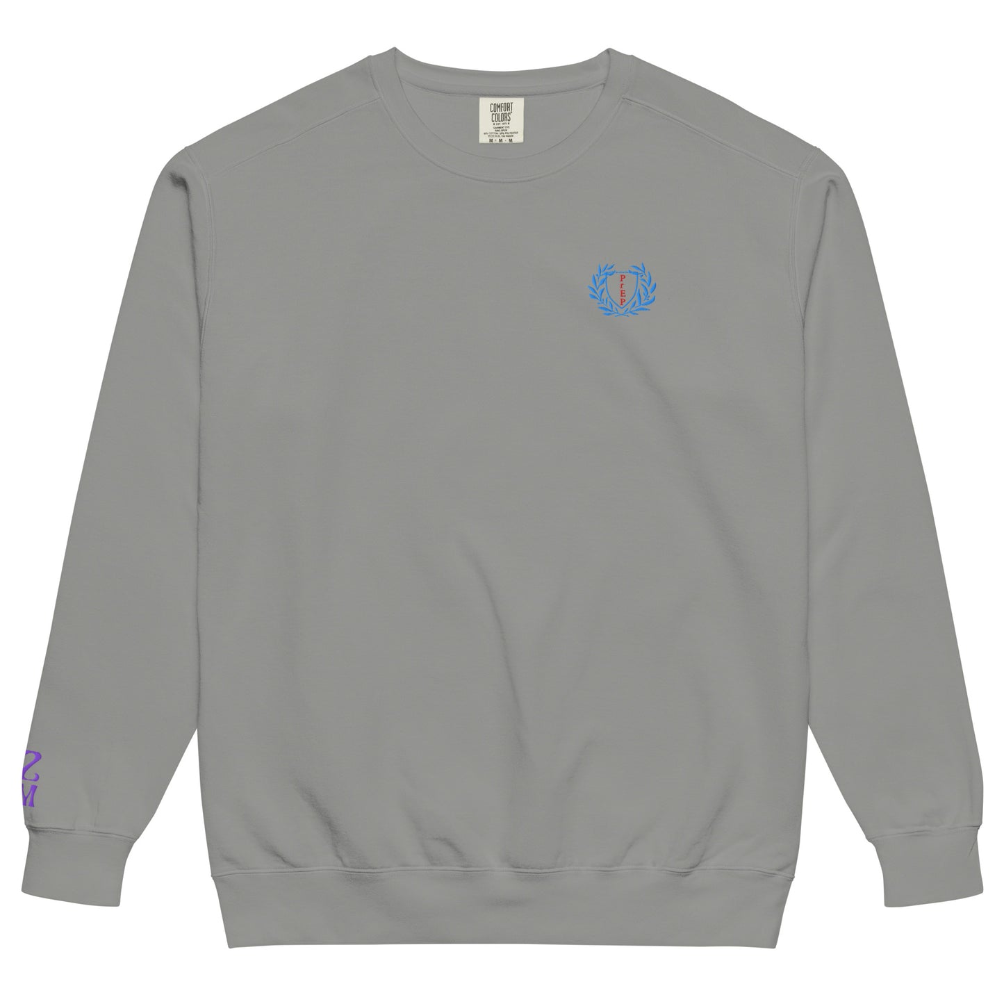 Grey, sweatshirt featuring an embroidered ‘PrEP’ design styled in Ivy League-inspired type. Designed by queer creators to promote HIV awareness and access to PrEP through unapologetic activism and education. Designed by a small LGBTQ+ owned business. Front of sweatshirt.