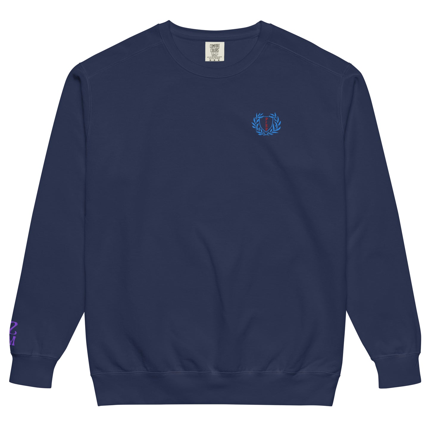 Navy, sweatshirt featuring an embroidered ‘PrEP’ design styled in Ivy League-inspired type. Designed by queer creators to promote HIV awareness and access to PrEP through unapologetic activism and education. Designed by a small LGBTQ+ owned business. Front of sweatshirt.