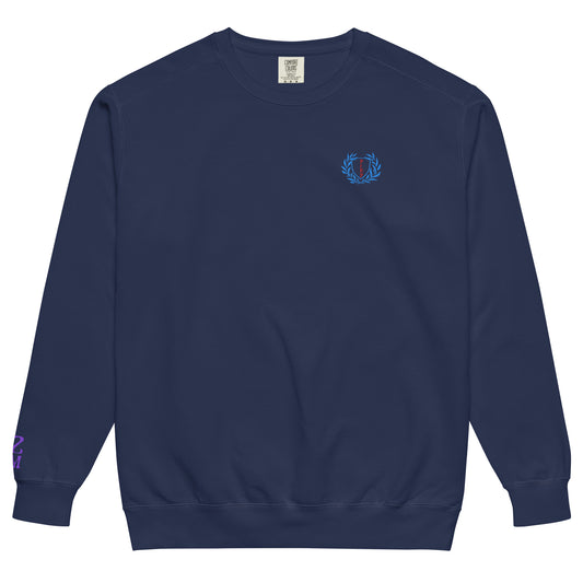 Navy, sweatshirt featuring an embroidered ‘PrEP’ design styled in Ivy League-inspired type. Designed by queer creators to promote HIV awareness and access to PrEP through unapologetic activism and education. Designed by a small LGBTQ+ owned business. Front of sweatshirt.