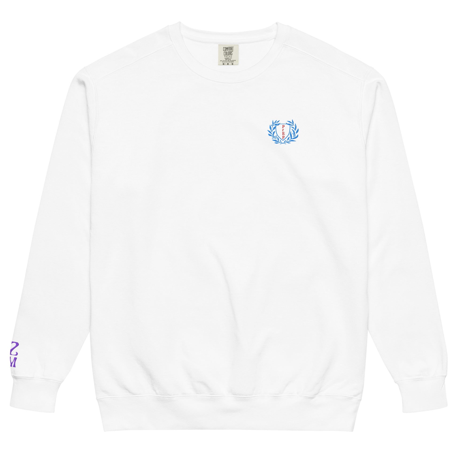 White, sweatshirt featuring an embroidered ‘PrEP’ design styled in Ivy League-inspired type. Designed by queer creators to promote HIV awareness and access to PrEP through unapologetic activism and education. Designed by a small LGBTQ+ owned business. Front of sweatshirt.