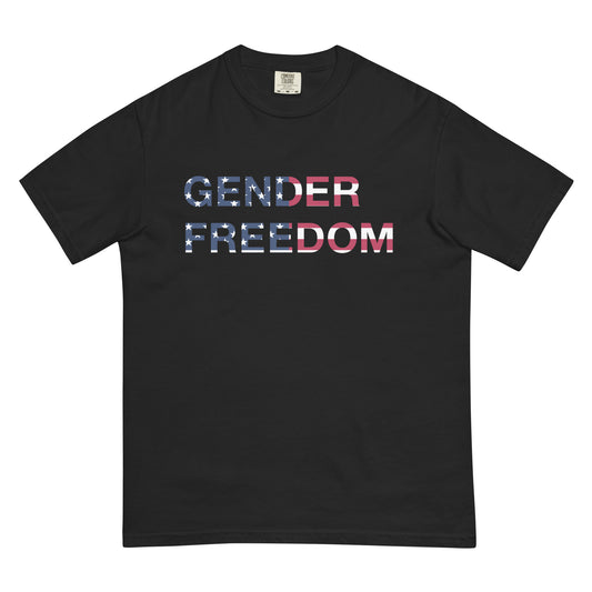 Black, T-shirt featuring the phrase 'Gender Freedom’ over the American flag honoring the First Amendment and the patriotic right to express identity, speak truth, and live freely in the land of liberty. Designed by a small LGBTQ+ owned business. Front of shirt