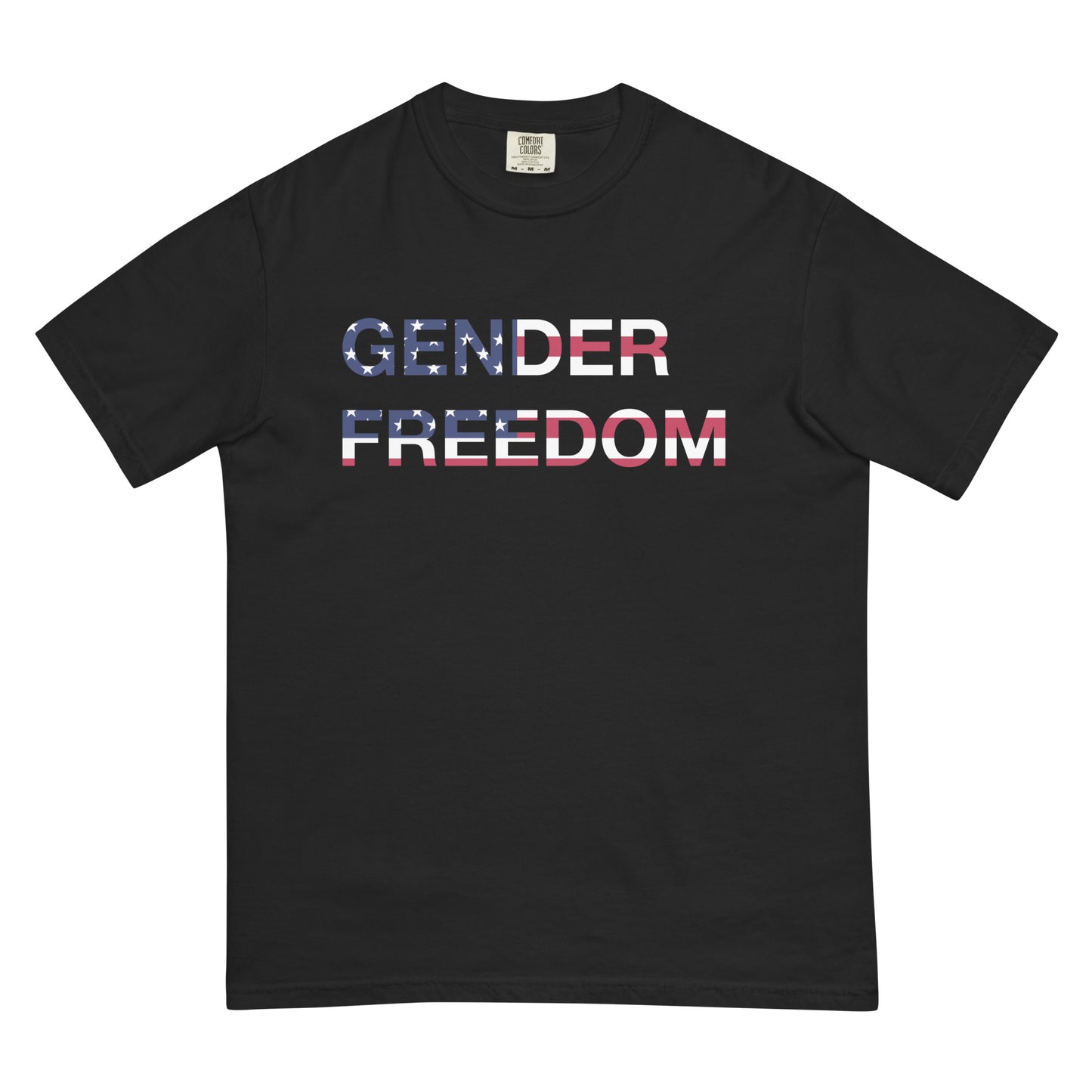 Black, T-shirt featuring the phrase 'Gender Freedom’ over the American flag honoring the First Amendment and the patriotic right to express identity, speak truth, and live freely in the land of liberty. Designed by a small LGBTQ+ owned business. Front of shirt