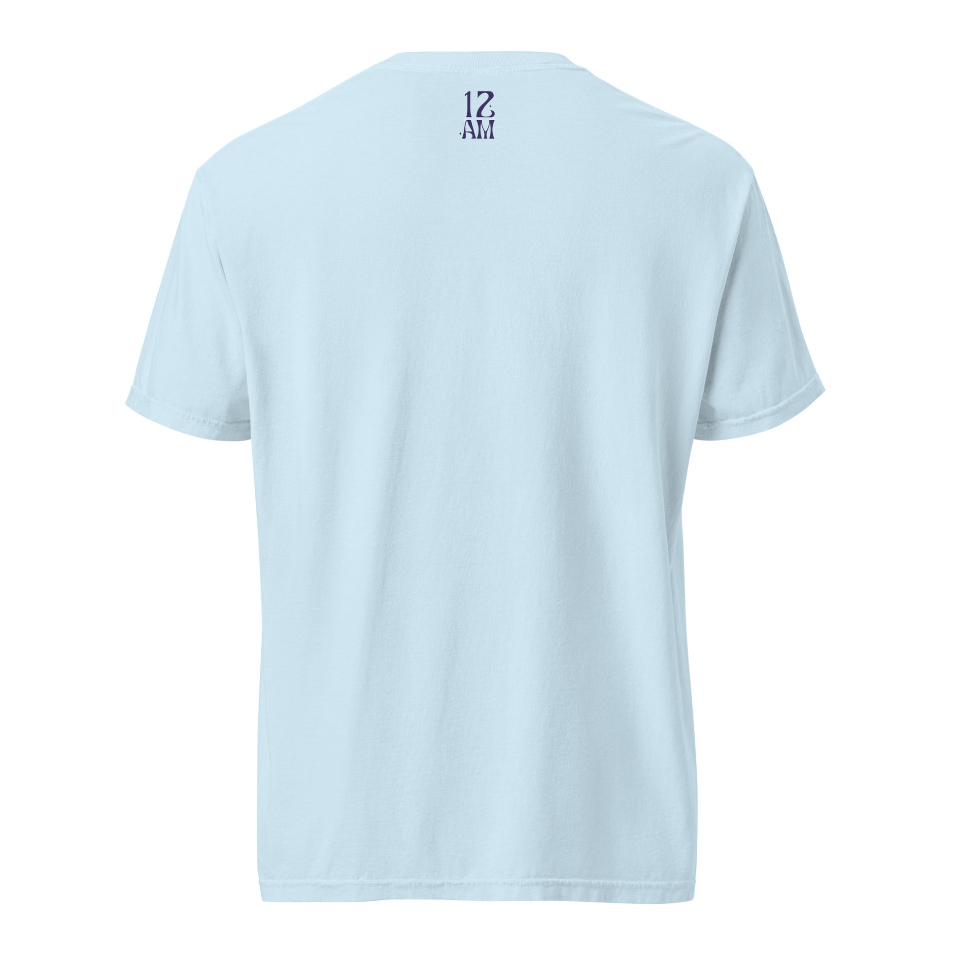 Chambray, boxy t-shirt featuring the phrase ‘My horoscope says I’m gay’ in a blue decorative typeface, gay as the moon. Playful nod to queer identity and astrology, embracing the idea that astrology is gay. Designed by a small LGBTQ+ owned business. Back of shirt.