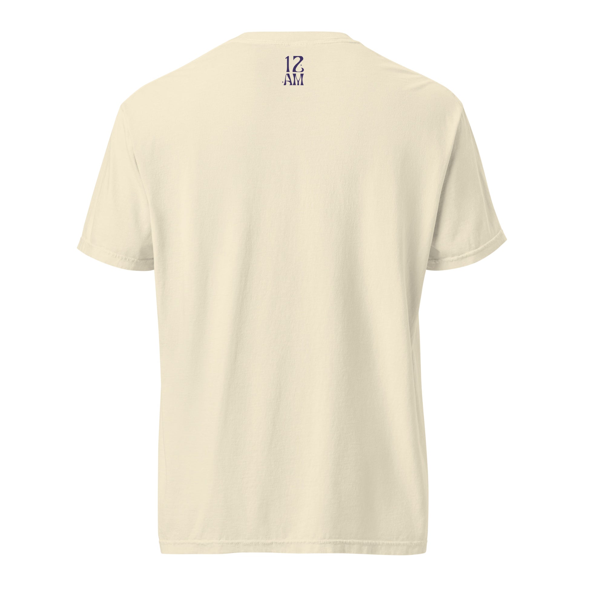 Ivory, boxy t-shirt featuring the phrase ‘My horoscope says I’m gay’ in a blue decorative typeface, gay as the moon. Playful nod to queer identity and astrology, embracing the idea that astrology is gay. Designed by a small LGBTQ+ owned business. Back of shirt.