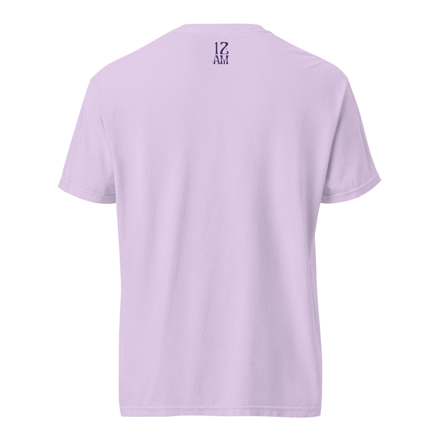 Orchid, boxy t-shirt featuring the phrase ‘My horoscope says I’m gay’ in a blue decorative typeface, gay as the moon. Playful nod to queer identity and astrology, embracing the idea that astrology is gay. Designed by a small LGBTQ+ owned business. Back of shirt.