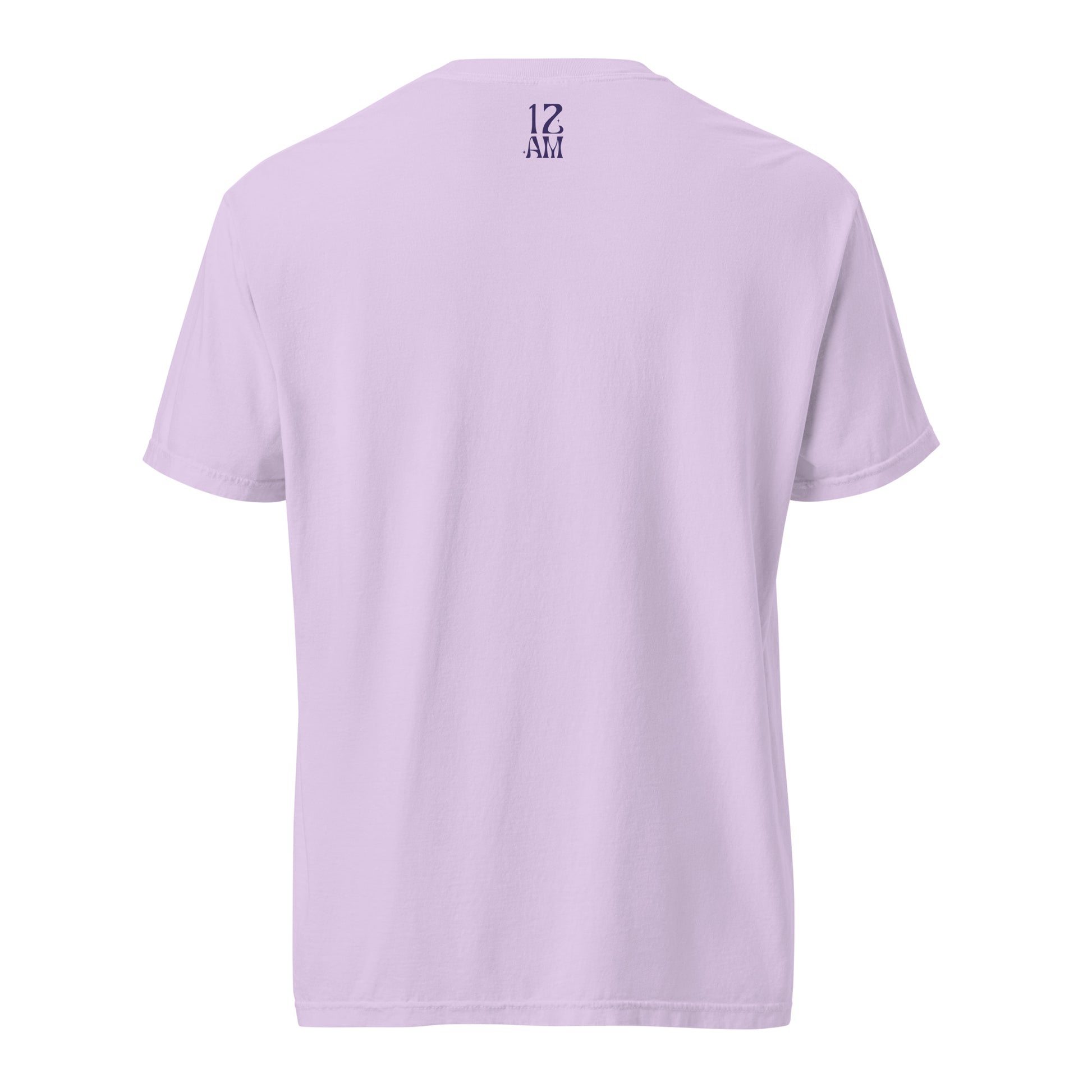 Orchid, boxy t-shirt featuring the phrase ‘My horoscope says I’m gay’ in a blue decorative typeface, gay as the moon. Playful nod to queer identity and astrology, embracing the idea that astrology is gay. Designed by a small LGBTQ+ owned business. Back of shirt.