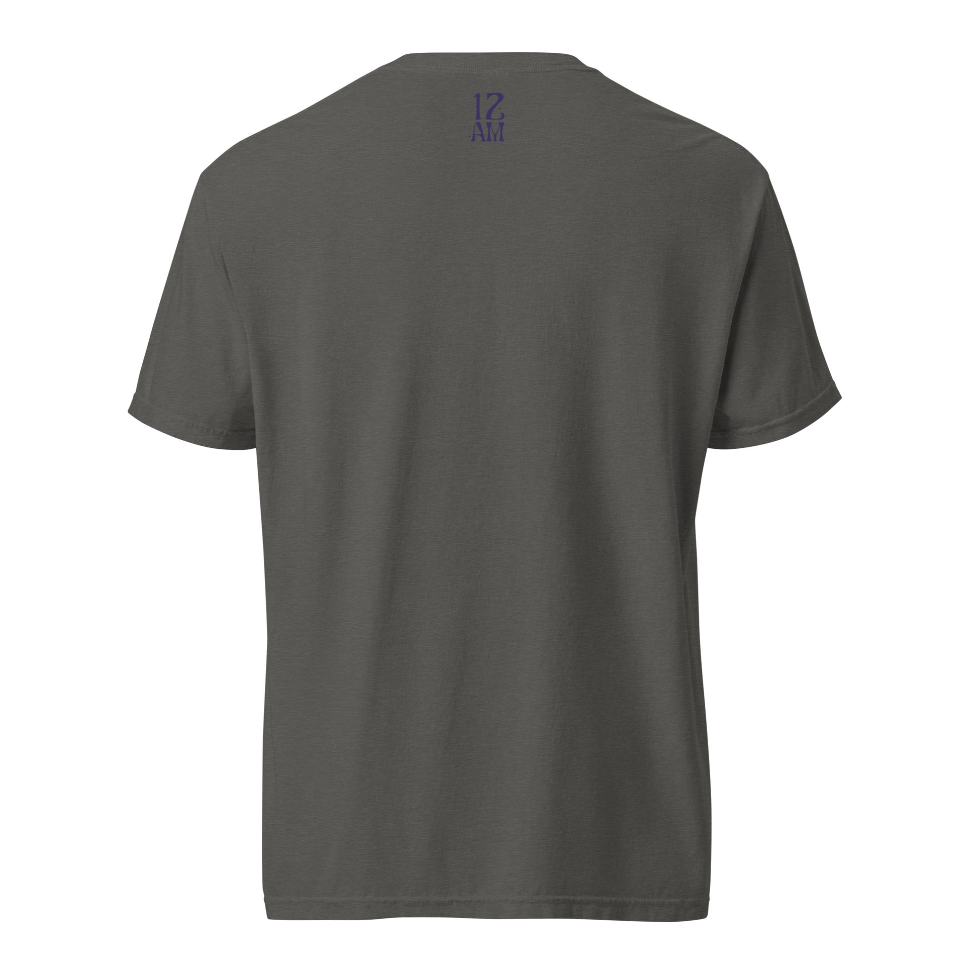 Pepper, boxy t-shirt featuring the phrase ‘My horoscope says I’m gay’ in a blue decorative typeface, gay as the moon. Playful nod to queer identity and astrology, embracing the idea that astrology is gay. Designed by a small LGBTQ+ owned business. Back of shirt.