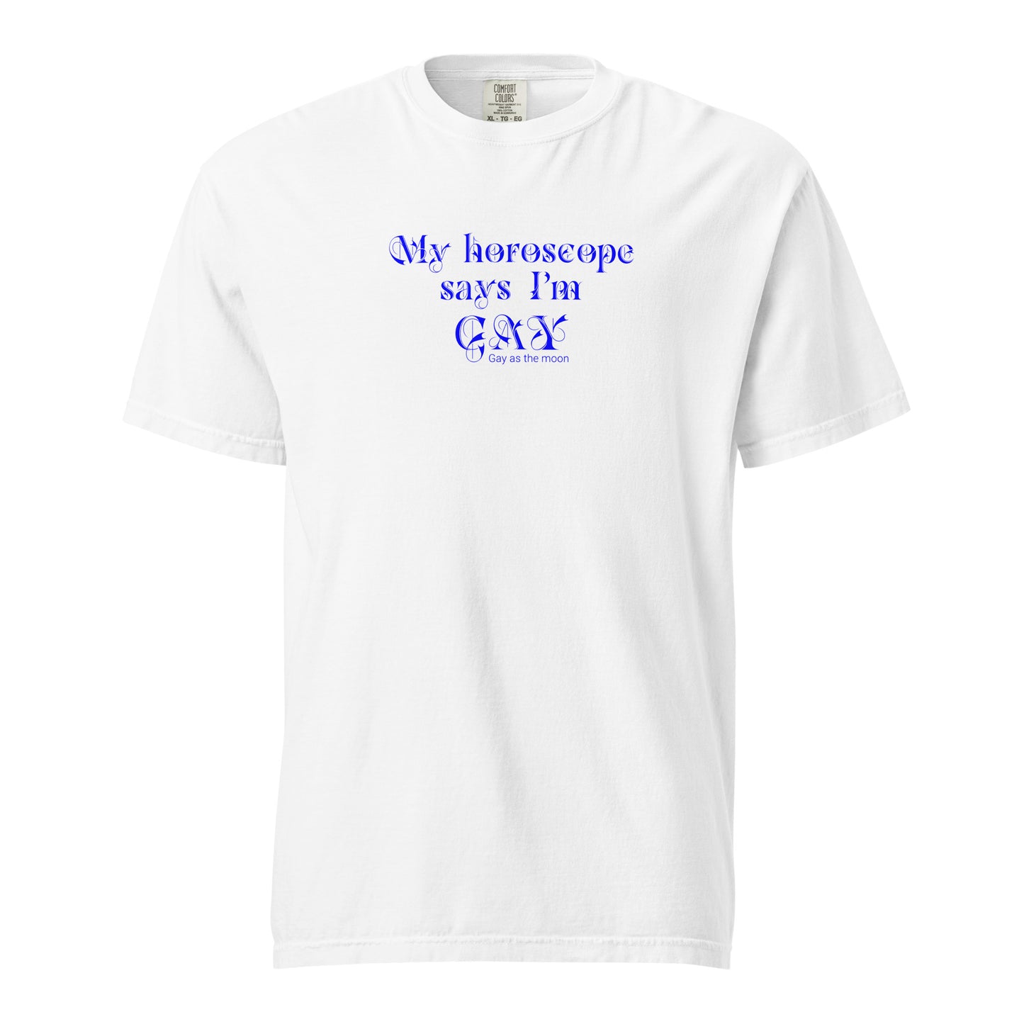White, boxy t-shirt featuring the phrase ‘My horoscope says I’m gay’ in a blue decorative typeface, gay as the moon. Playful nod to queer identity and astrology, embracing the idea that astrology is gay. Designed by a small LGBTQ+ owned business. Front of shirt.