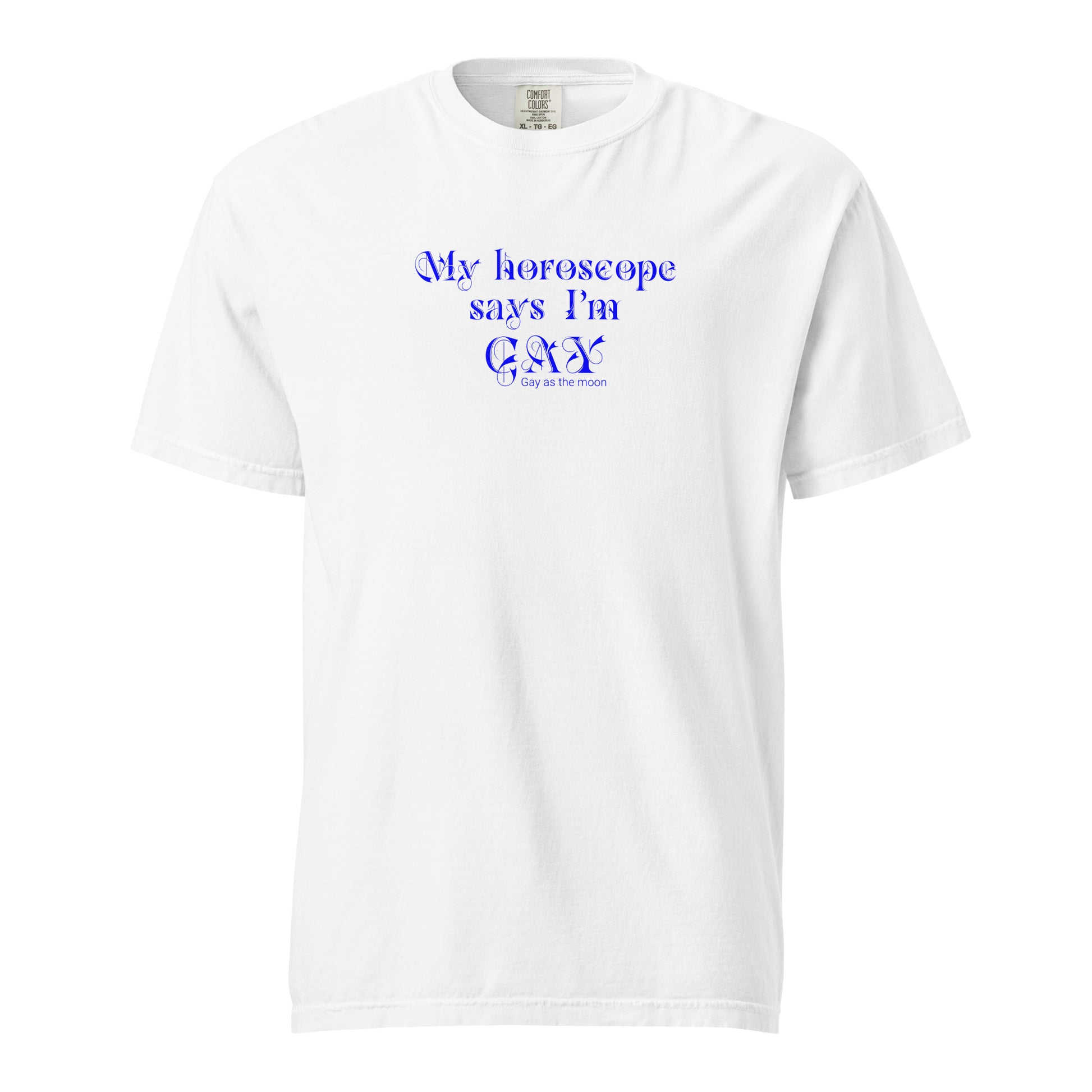 White, boxy t-shirt featuring the phrase ‘My horoscope says I’m gay’ in a blue decorative typeface, gay as the moon. Playful nod to queer identity and astrology, embracing the idea that astrology is gay. Designed by a small LGBTQ+ owned business. Front of shirt.