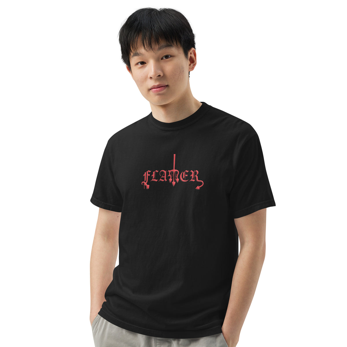Black t-shirt with "FLAMER" in red blackletter, illustrated script, the M styled as a devil's pitchfork — a 12:AM Intuition reclamation of a slur, designed to go all out.
