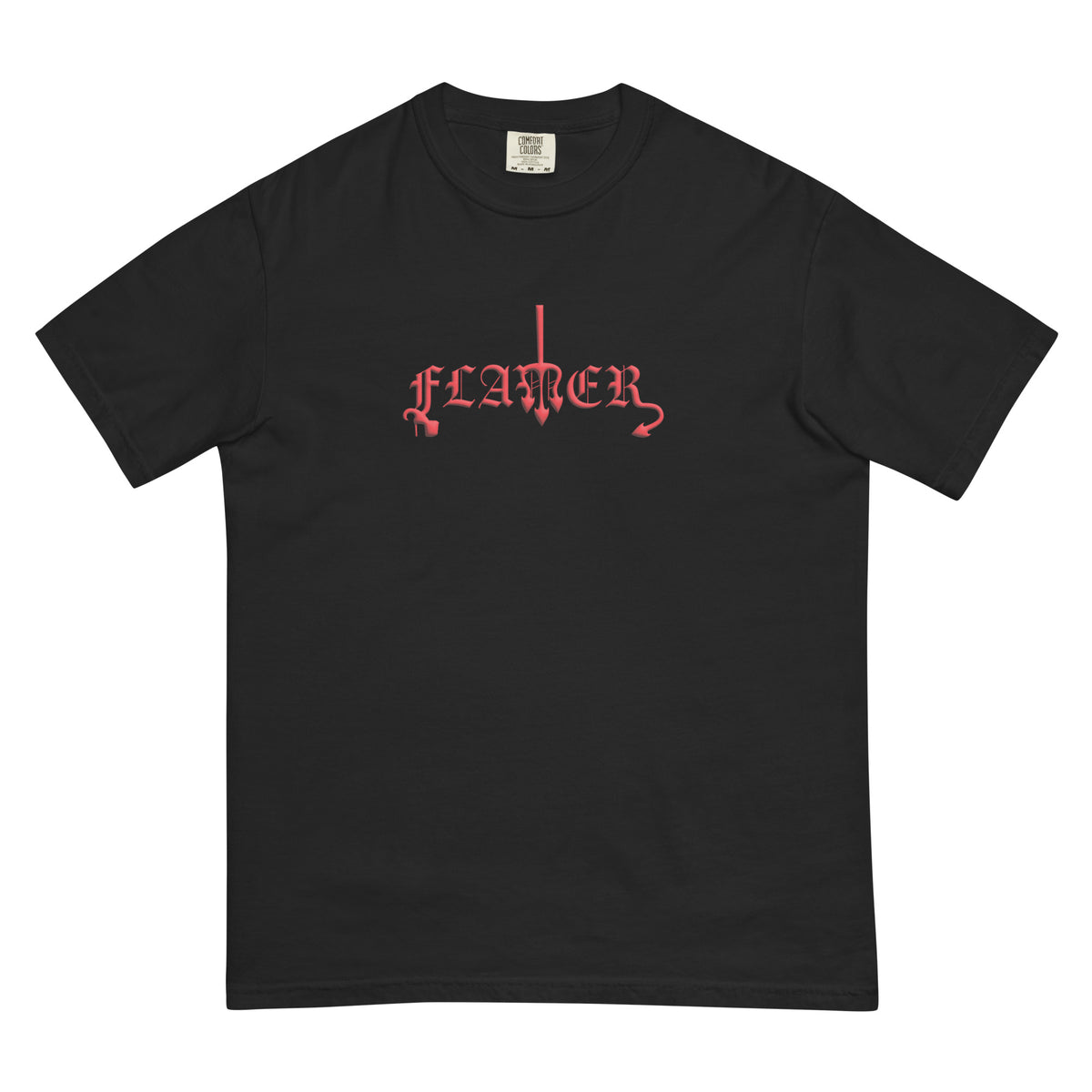 Black t-shirt with "FLAMER" in red blackletter, illustrated script, the M styled as a devil's pitchfork — a 12:AM Intuition reclamation of a slur, designed to go all out.