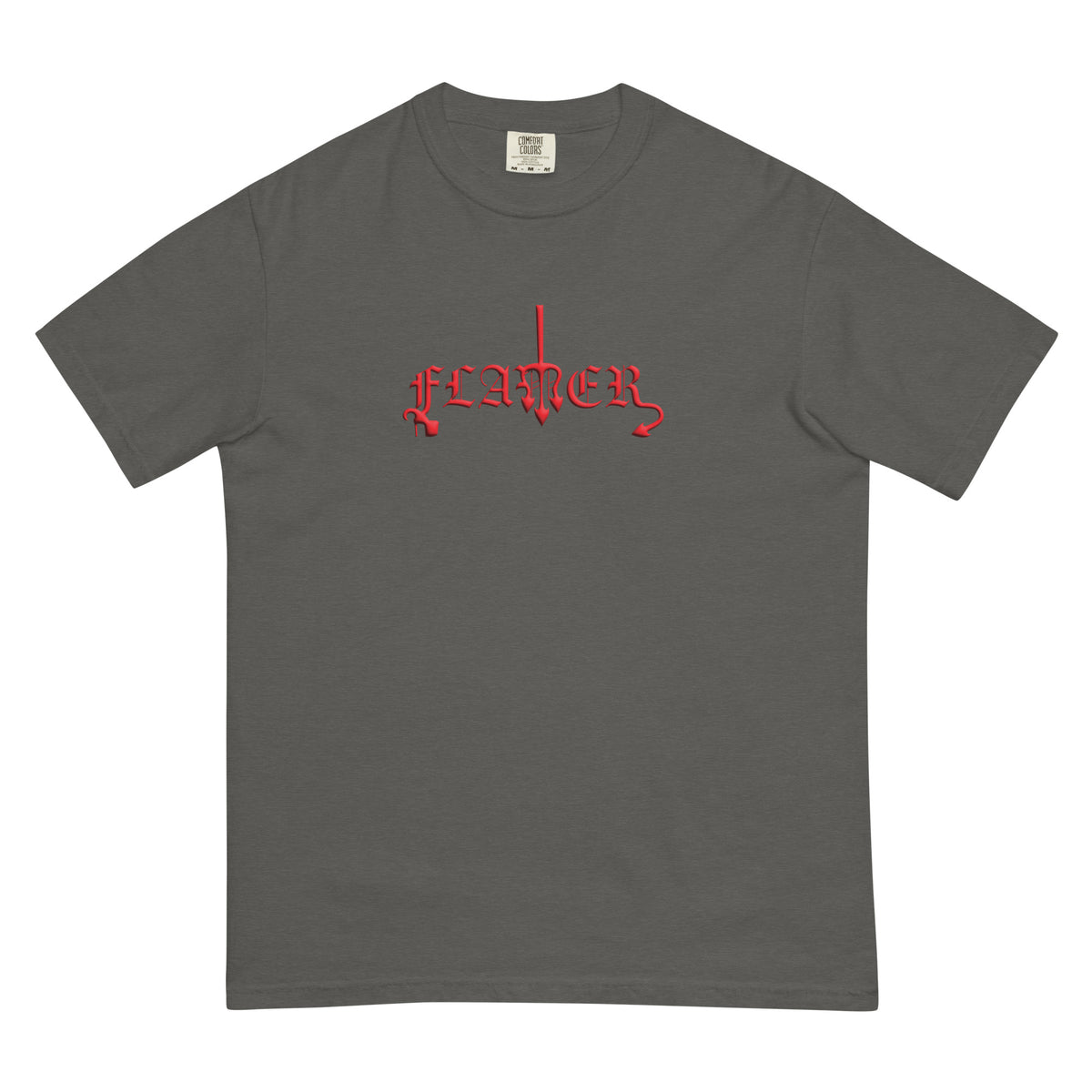 Pepper t-shirt with "FLAMER" in red blackletter, illustrated script, the M styled as a devil's pitchfork — a 12:AM Intuition reclamation of a slur, designed to go all out.