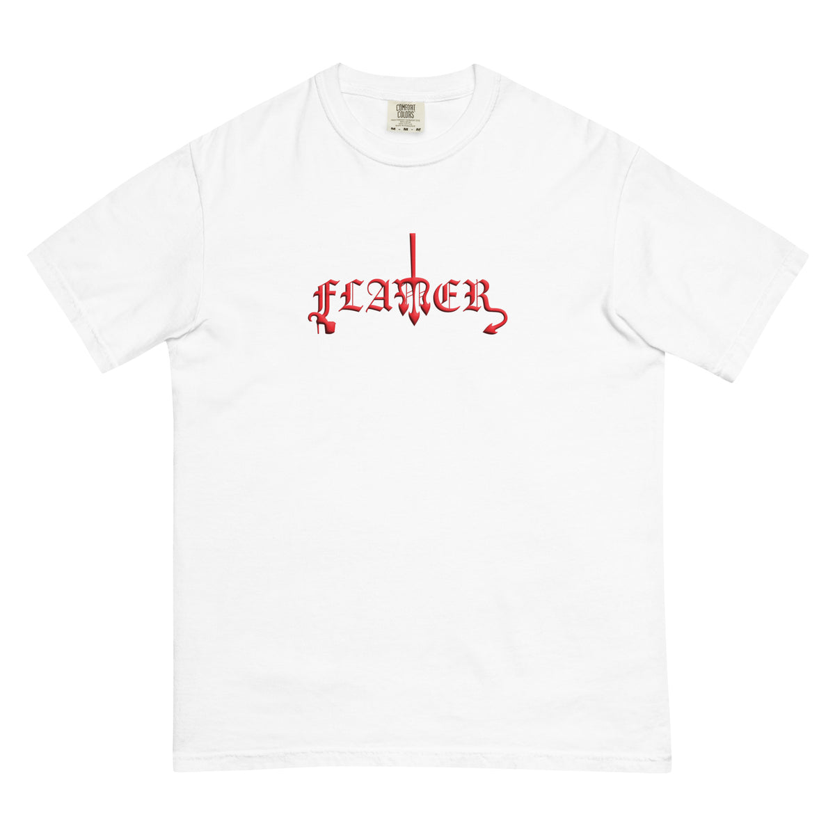 White t-shirt with "FLAMER" in red blackletter, illustrated script, the M styled as a devil's pitchfork — a 12:AM Intuition reclamation of a slur, designed to go all out.