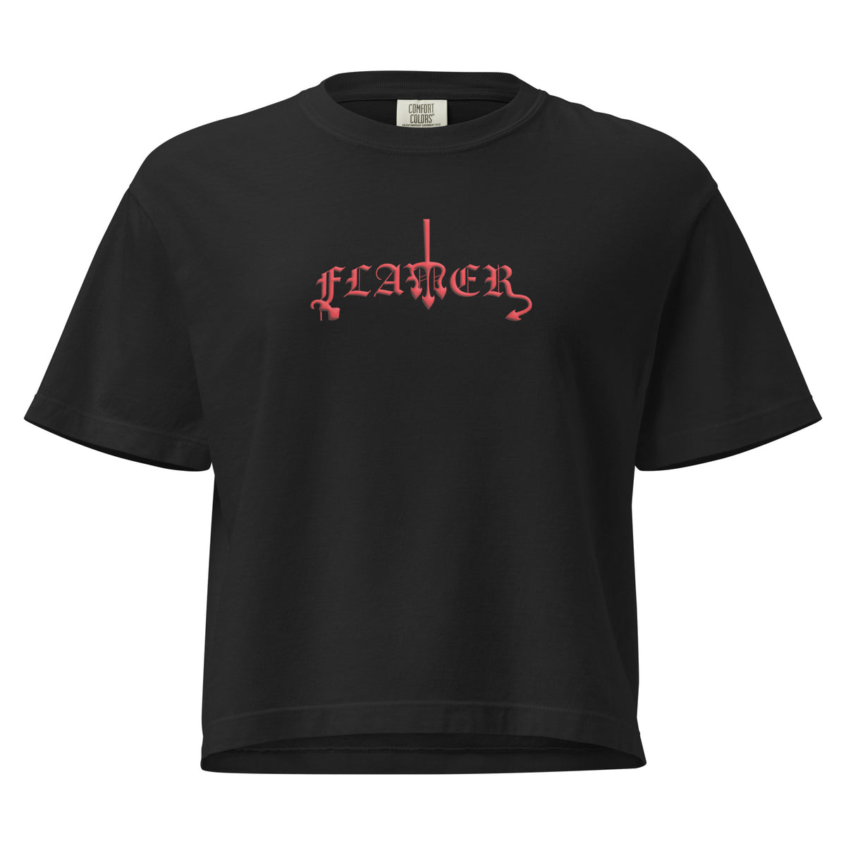 Black boxy t-shirt with "FLAMER" in red blackletter, illustrated script, the M styled as a devil's pitchfork — a 12:AM Intuition reclamation of a slur, designed to go all out. 