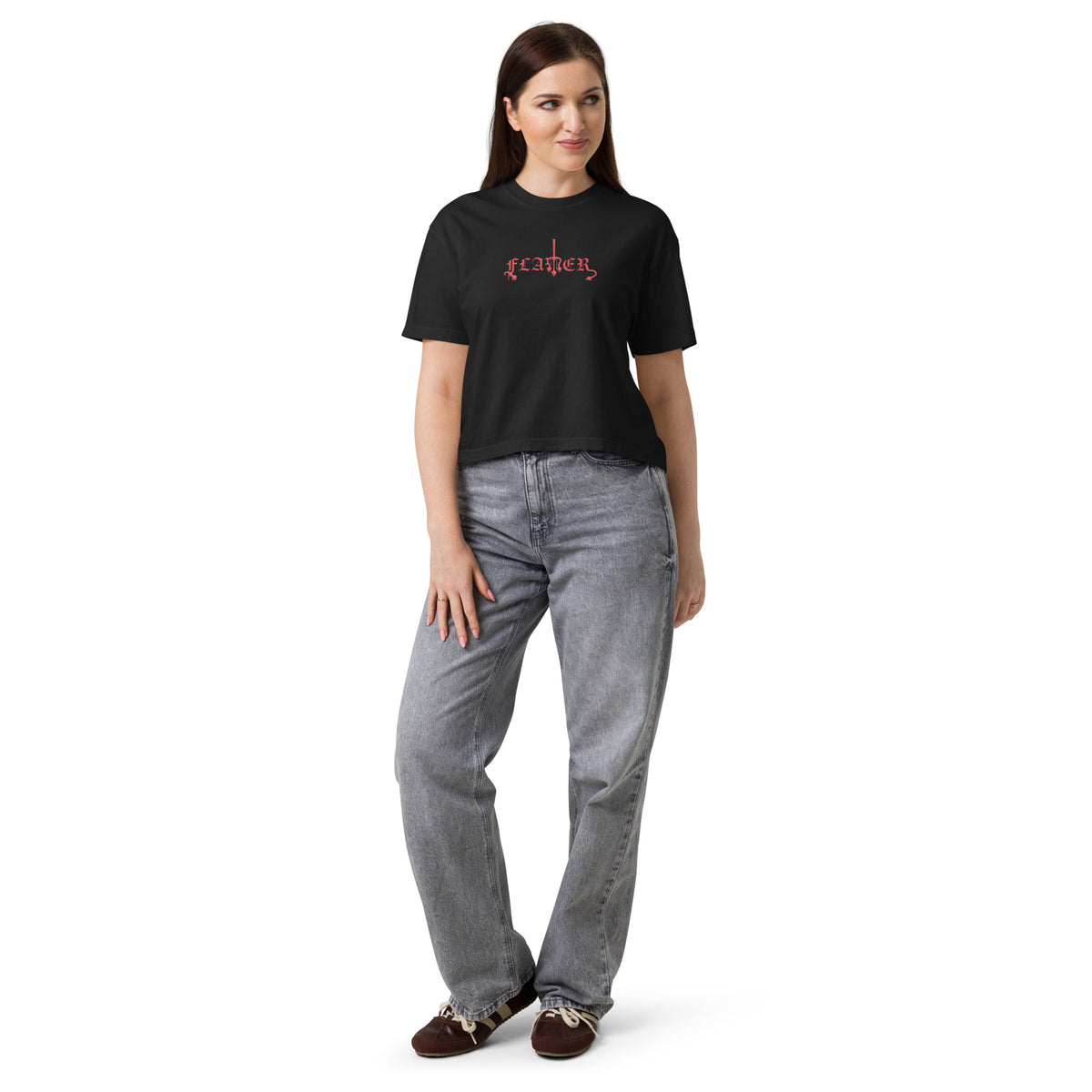 Black boxy t-shirt with "FLAMER" in red blackletter, illustrated script, the M styled as a devil's pitchfork — a 12:AM Intuition reclamation of a slur, designed to go all out. 