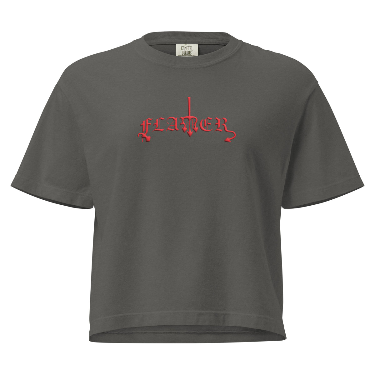Pepper boxy t-shirt with "FLAMER" in red blackletter, illustrated script, the M styled as a devil's pitchfork — a 12:AM Intuition reclamation of a slur, designed to go all out. 
