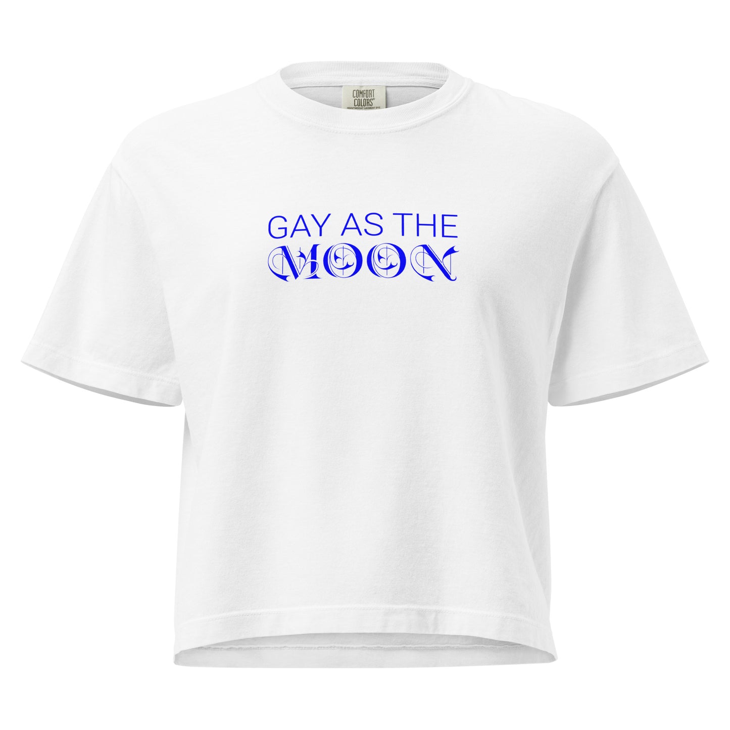 White, boxy t-shirt featuring the phrase ‘Gay as the moon’ in a blue decorative typeface. Playful nod to queer identity and astrology, embracing the idea that the moon is gay. Designed by a small LGBTQ+ owned business. Front of shirt.