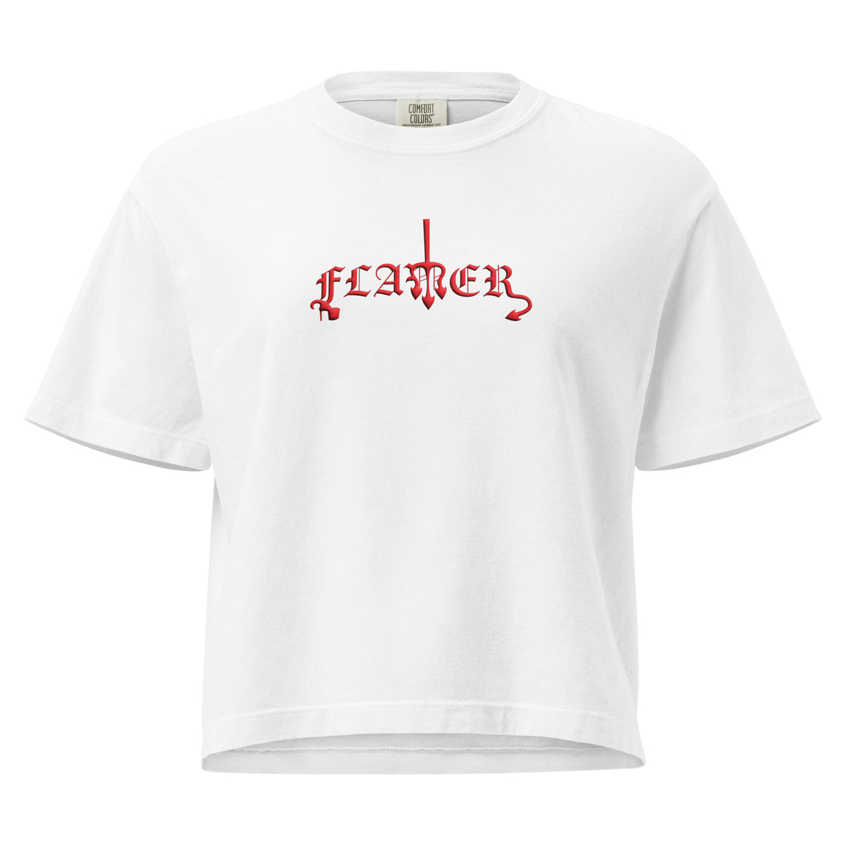 White boxy t-shirt with "FLAMER" in red blackletter, illustrated script, the M styled as a devil's pitchfork — a 12:AM Intuition reclamation of a slur, designed to go all out. 